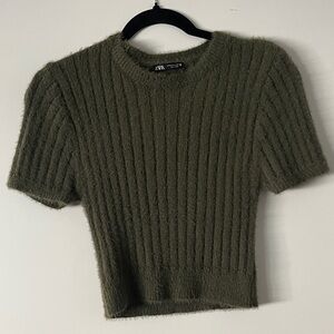 ZARA Olive Green Fuzzy Ribbed Short Sleeve Top